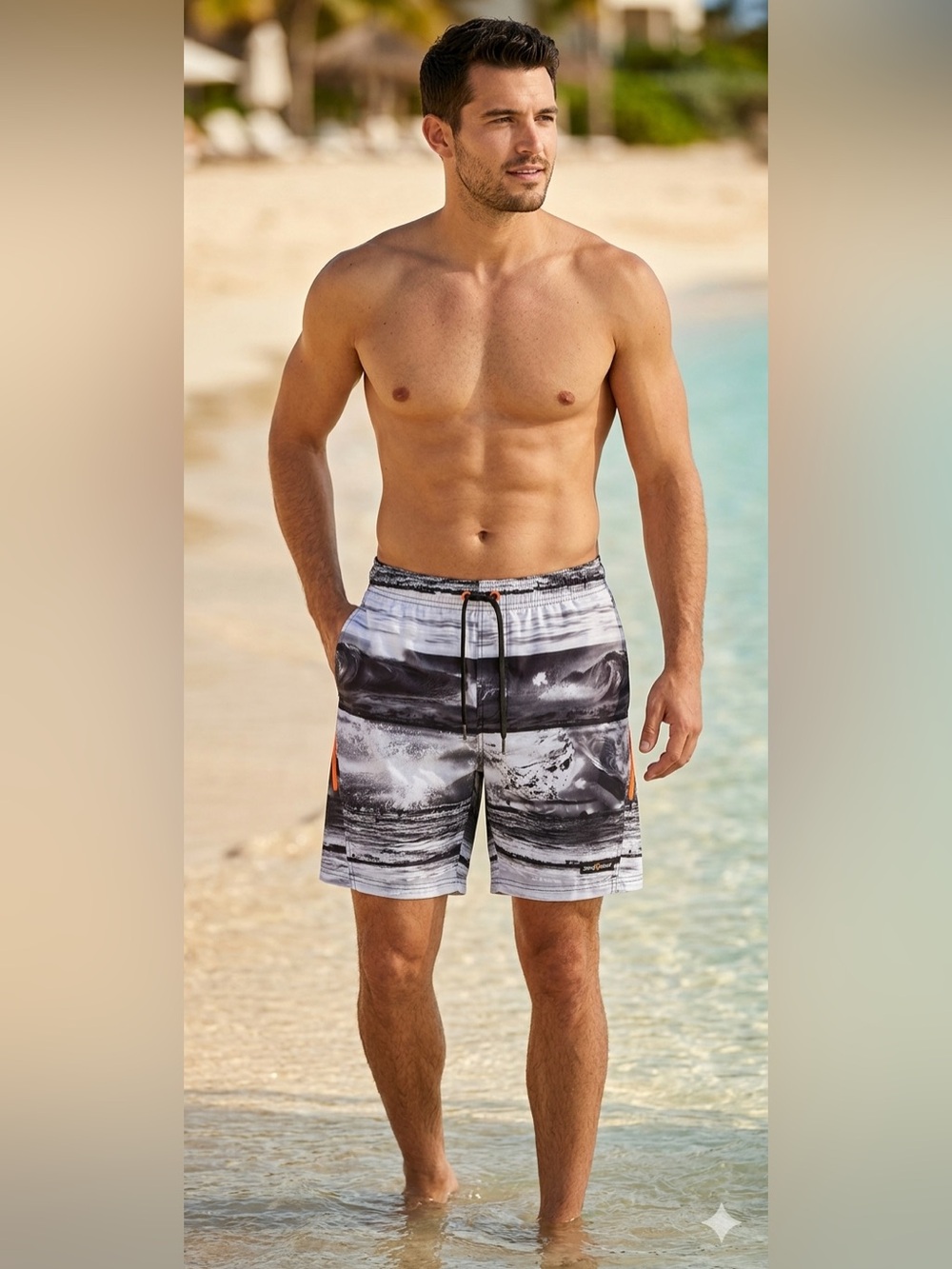 ZeroXposur Men's Black & White Graphic Swim Trunks with Orange Accents Size XL